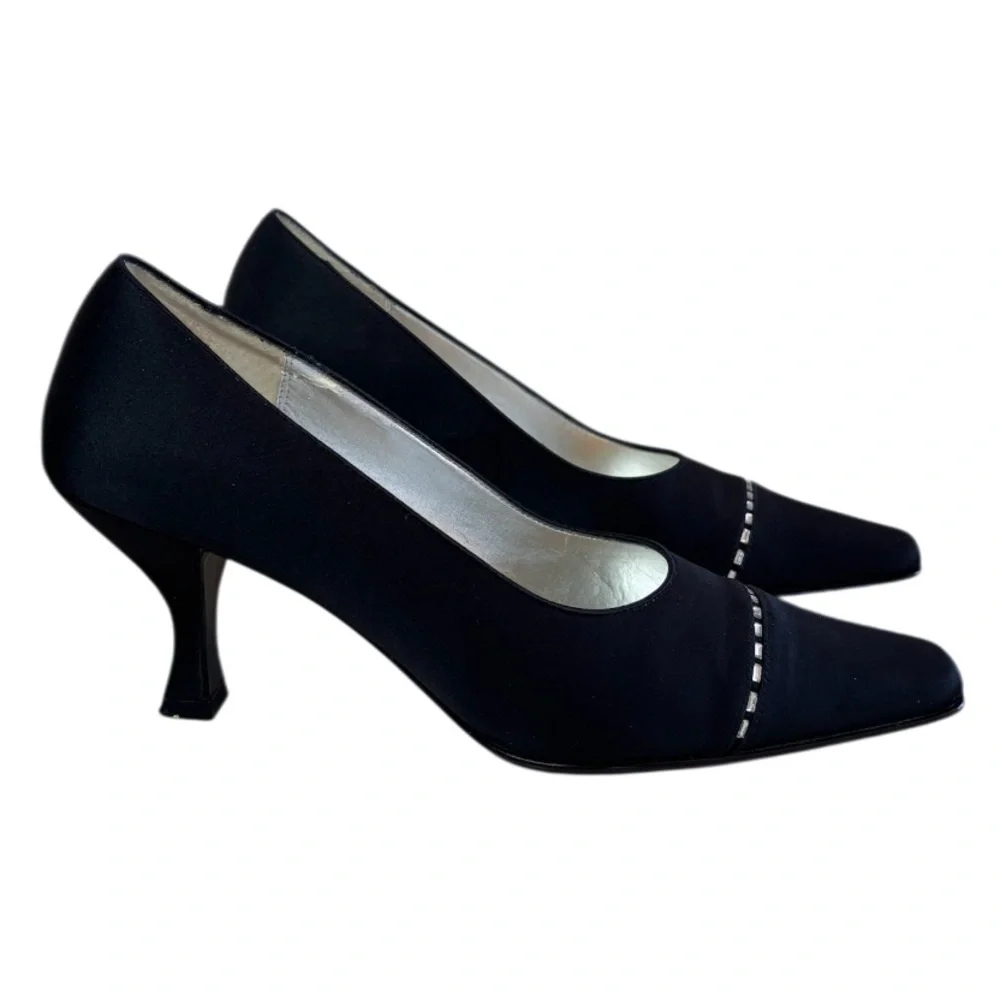 Elegant Pumps Vintage 90s Y2K Rhinestone Pointed Square Heel Black Silver Size 8